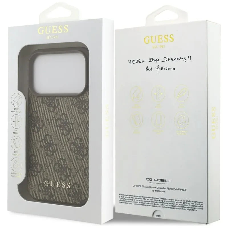 Guess 4G Classic – dėklas iPhone 17 Pro (rudos spalvos)