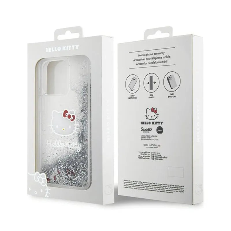 Hello Kitty Liquid Glitter Charms Kitty Head dėklas, skirtas iPhone 15 Pro Max (sidabrinis)