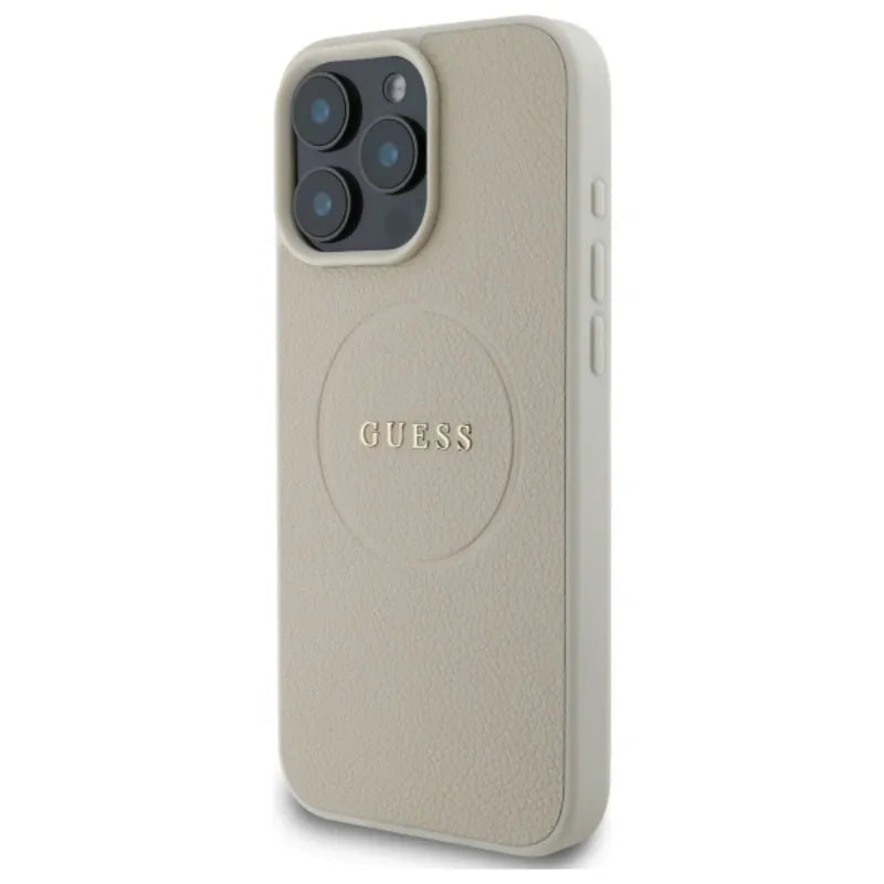 Guess Grained Ring MagSafe – Dėklas iPhone 16 Pro Max (smėlio spalvos)