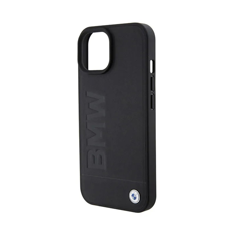 BMW Leather Hot Stamp MagSafe – dėklas iPhone 15 telefonui (juodas)