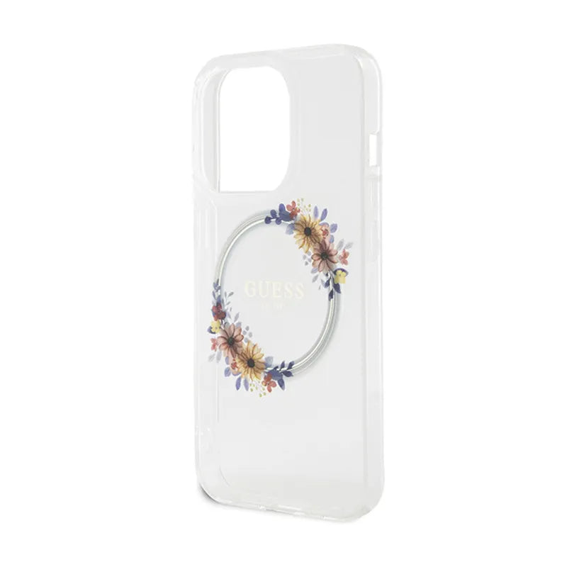 Guess IML Flowers Wreath MagSafe – dėklas iPhone 15 Pro (skaidrus)