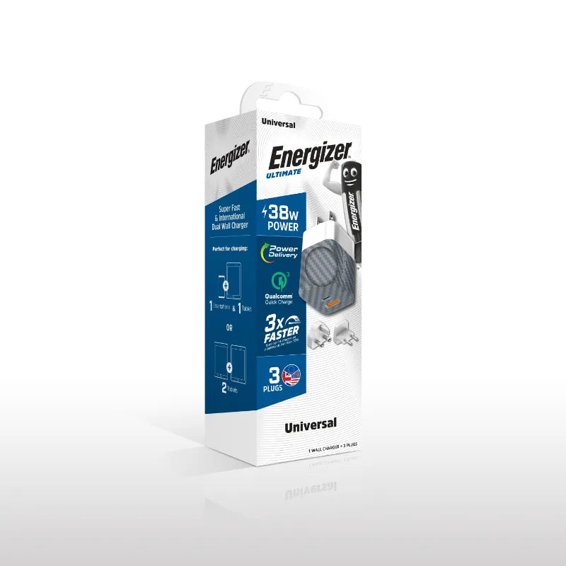 Energizer Ultimate – universalus tinklo įkroviklis GaN 38W PD + QC3.0 su ES / JK / JAV adapteriais (sidabrinis)