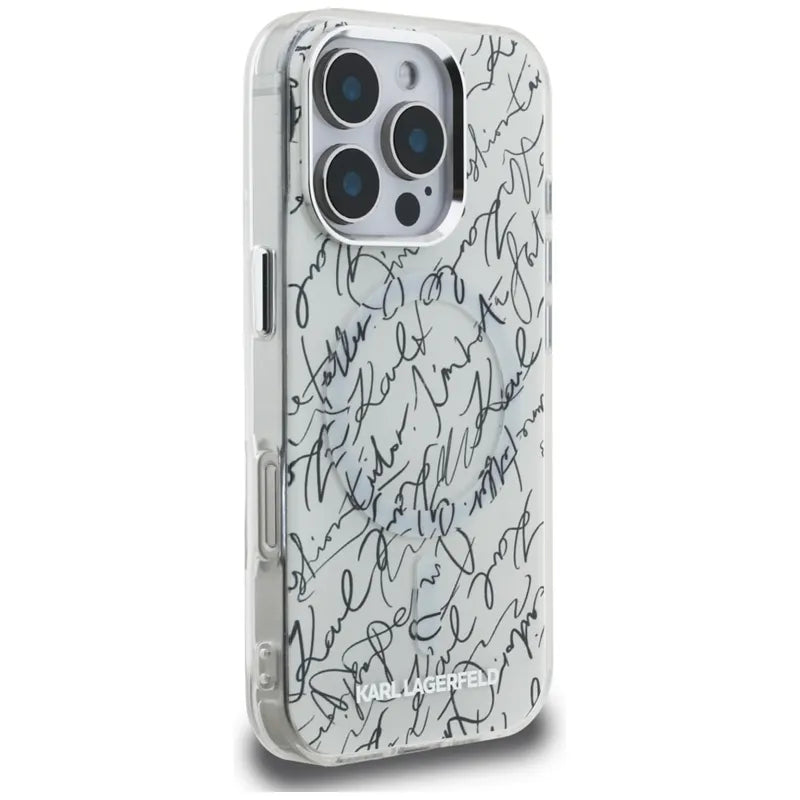 Karl Lagerfeld IML Karl Script Pattern MagSafe – dėklas iPhone 16 Pro (baltas)