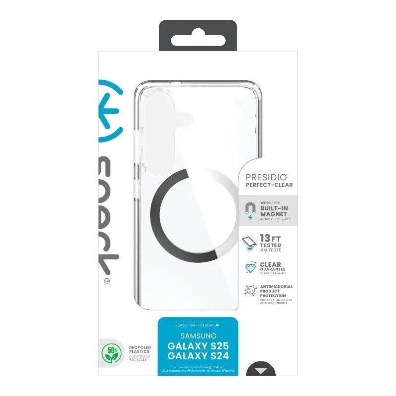 Speck Presidio Perfect-Clear Magnet – dėklas Samsung Galaxy S25 / S24 MagSafe (Skaidrus / Chromuotas paviršius / Serene Silver)