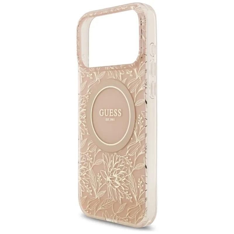 Guess IML Flowers Electro Pearl Strap MagSafe – dėklas iPhone 17 Pro Max (rožinis)