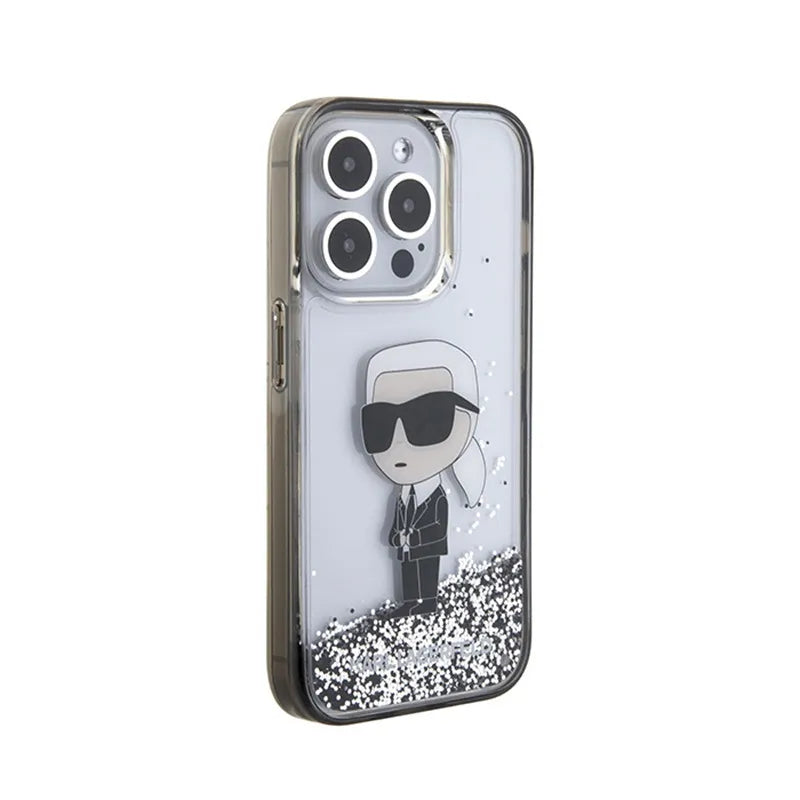 Karl Lagerfeld Liquid Glitter Ikonik – dėklas iPhone 15 Pro (skaidrus)