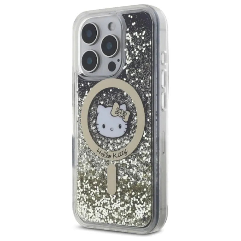 Hello Kitty Liquid Glitter Fever MagSafe - dėklas iPhone 16 Pro Max (juodas/auksinis)