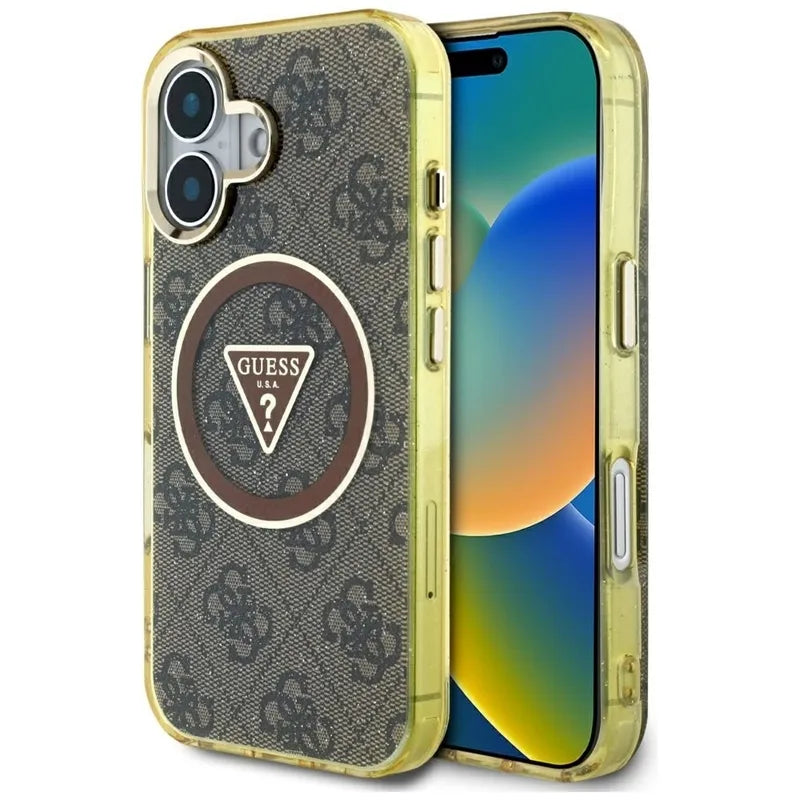 Guess IML Metal Glitter 4G Circle Triangle MagSafe – Dėklas iPhone 16 (rudas)