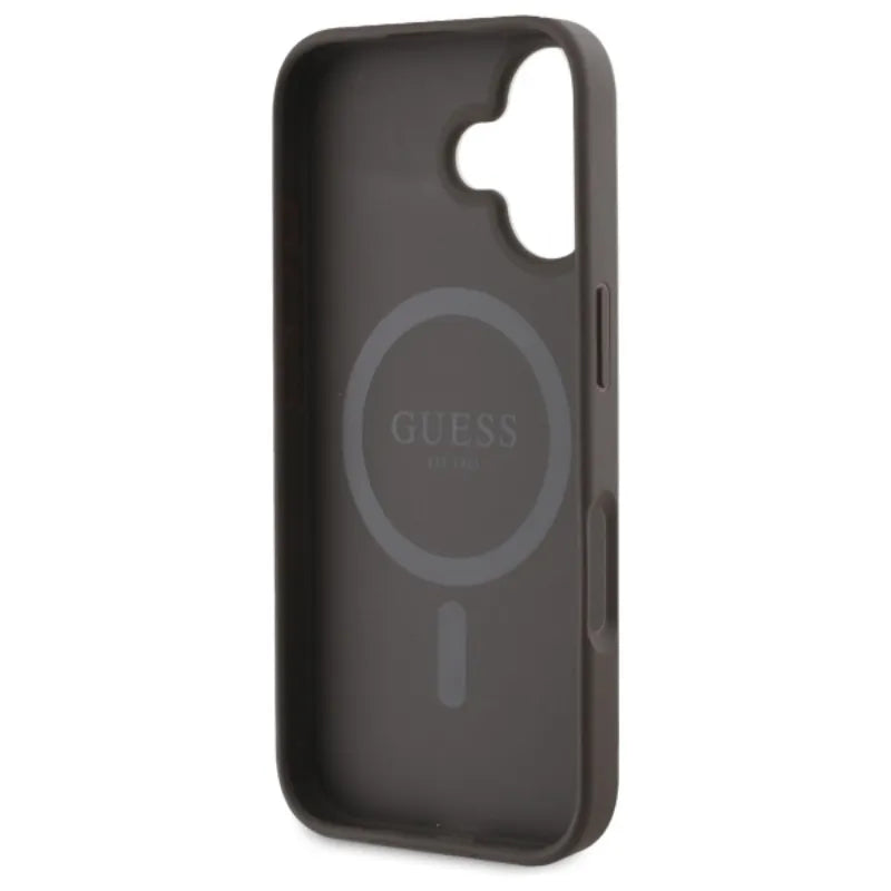 Guess Peony Script MagSafe dėklas, skirtas iPhone 16 (rudas)