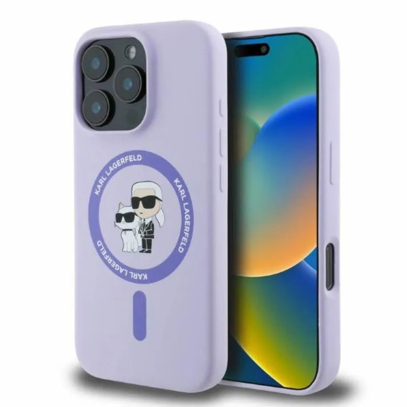 Karl Lagerfeld Silicone Karl & Choupette Ring MagSafe – Dėklas iPhone 16 Pro (violetinis)
