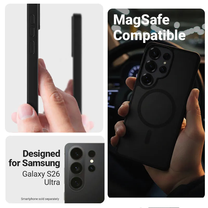 Crong Hybrid Matte Magnetic – MagSafe dėklas, skirtas Samsung Galaxy S26 Ultra (juodas)