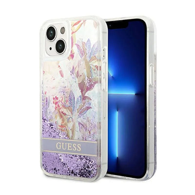 Guess Liquid Glitter Flower – dėklas iPhone 14 Plus (violetinis)