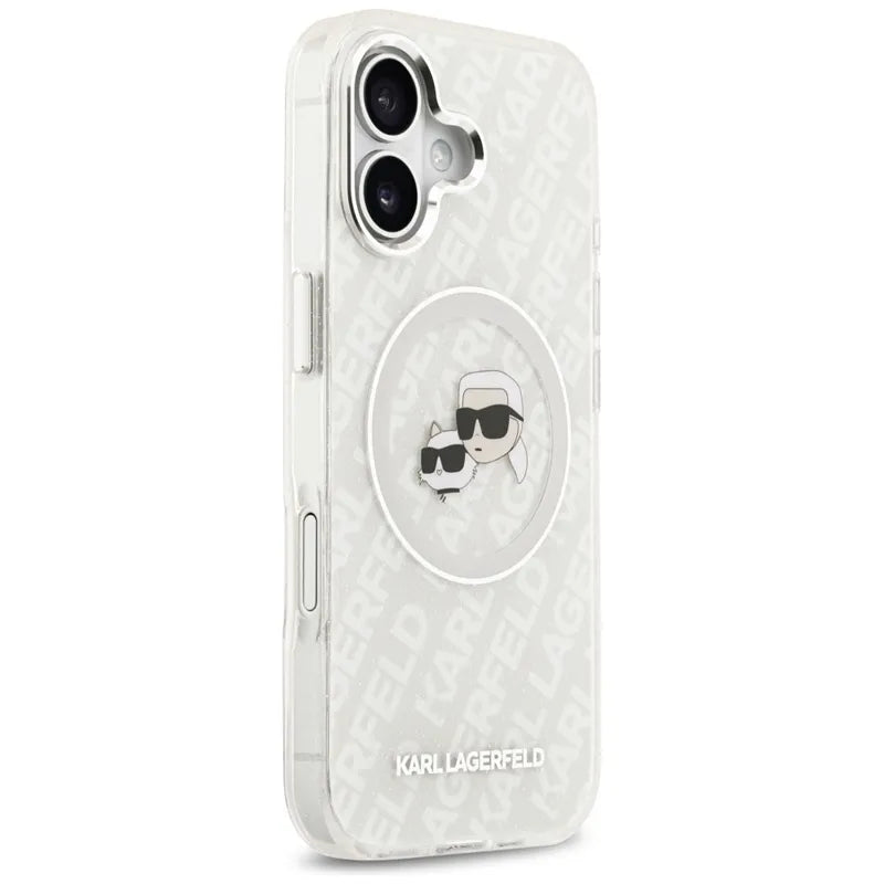 Karl Lagerfeld IML Glitter Karl & Choupette Heads Logo MagSafe dėklas iPhone 17 (pilkas)