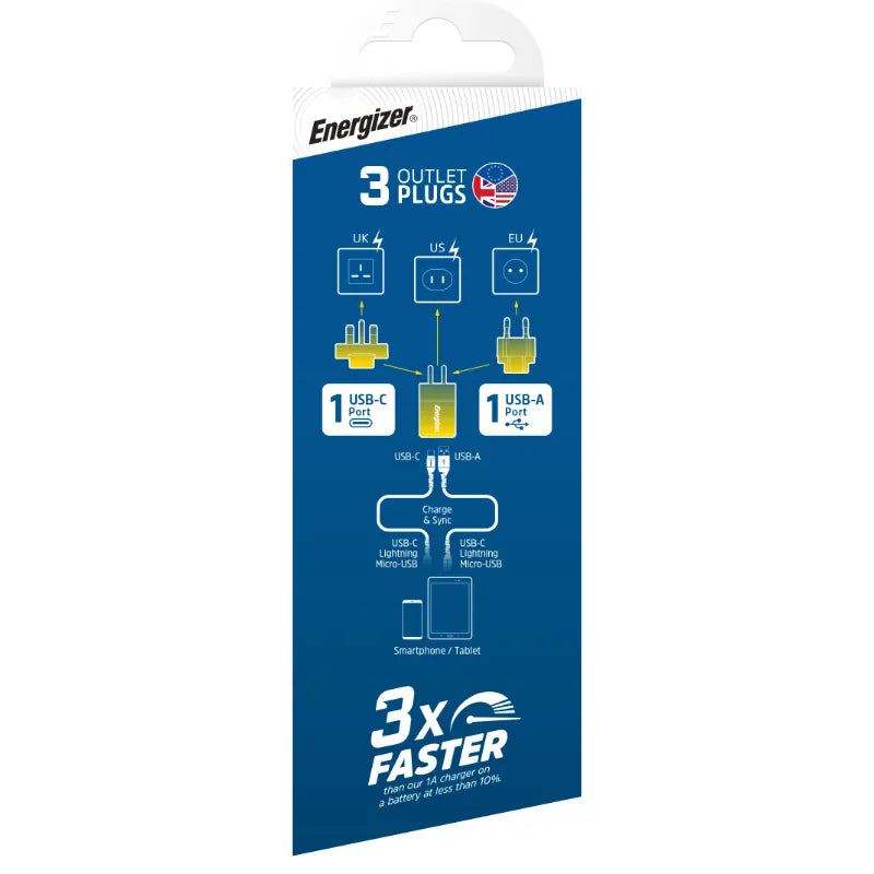 Energizer Ultimate – universalus tinklo įkroviklis GaN 38W PD + QC3.0 su ES / JK / JAV adapteriais (sidabrinis)
