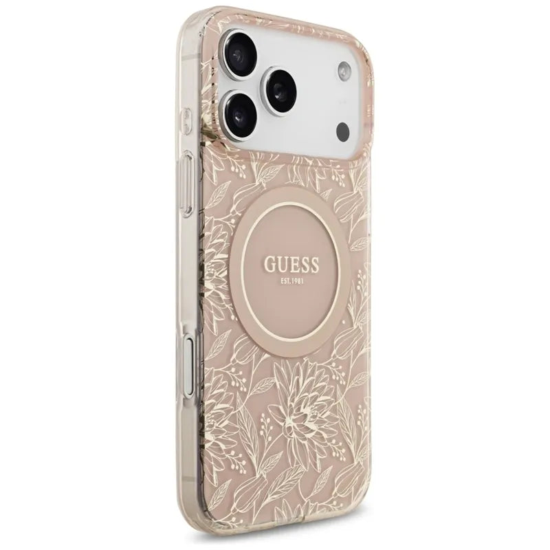Guess IML Flowers Electro Pearl Strap MagSafe – dėklas iPhone 17 Pro Max (rožinis)