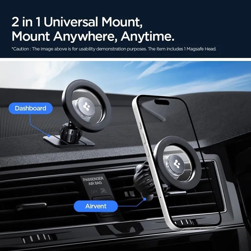 Spigen MFT13 magnetinis automobilinis laikiklis prietaisų skydeliui ir ventiliacijos grotelėms – magnetinis automobilinis laikiklis „MagSafe“ (sidabrinis)