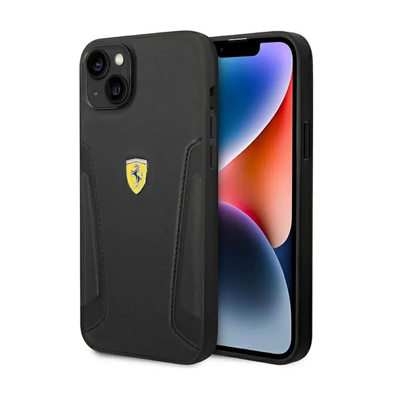 Ferrari Leather Stamp Sides – dėklas iPhone 14 Plus (juodas)