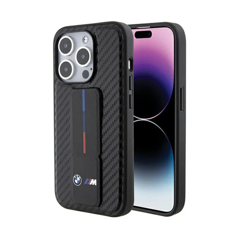 BMW Grip Stand Smooth & Carbon - dėklas iPhone 15 Pro (juodas)
