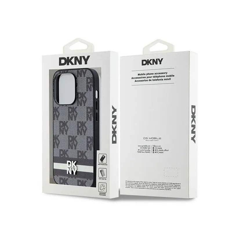 DKNY Leather Checkered Mono Pattern & Printed Stripes – dėklas iPhone 14 Pro (juodas)