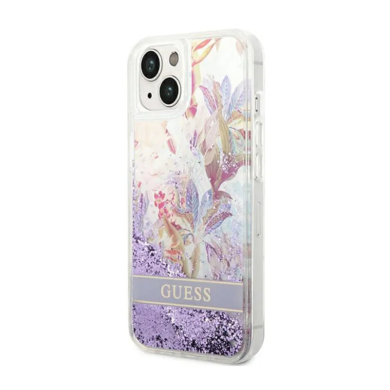 Guess Liquid Glitter Flower – dėklas iPhone 14 Plus (violetinis)