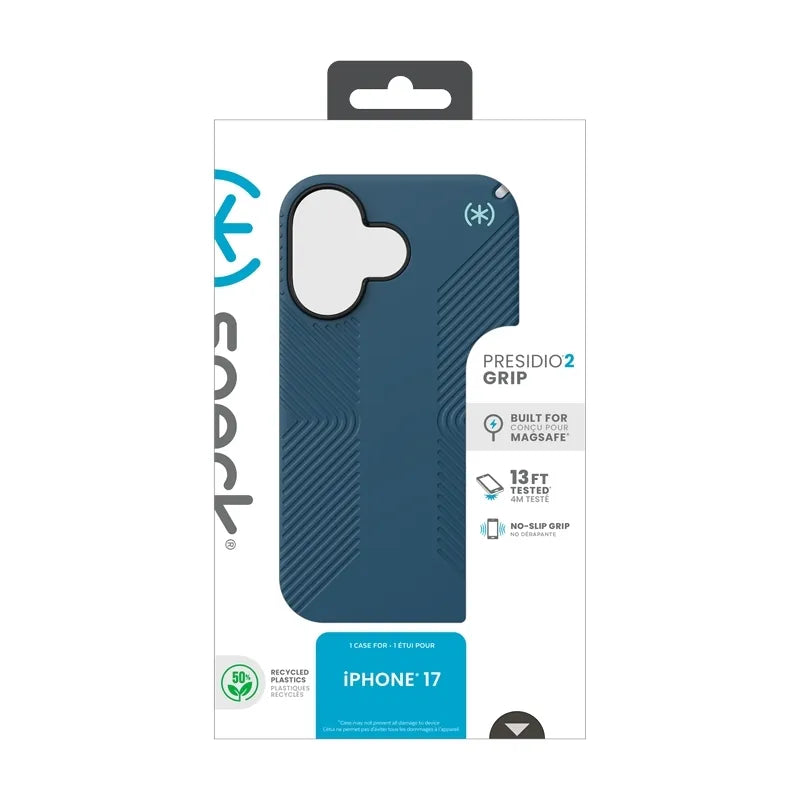 Speck Presidio2 Grip MagSafe – „iPhone 17“ dėklas („Deep Sea“ / sidabrinė metalo spalva)