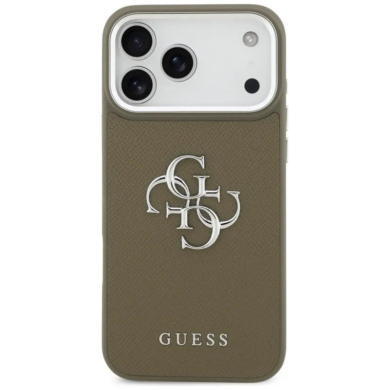 Guess Grained Big 4G Classic Logo – dėklas, skirtas iPhone 17 Pro Max (rudas)