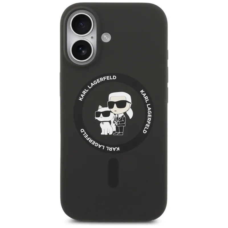 Karl Lagerfeld Silicone Karl & Choupette Ring MagSafe – dėklas iPhone 17 (juodas)