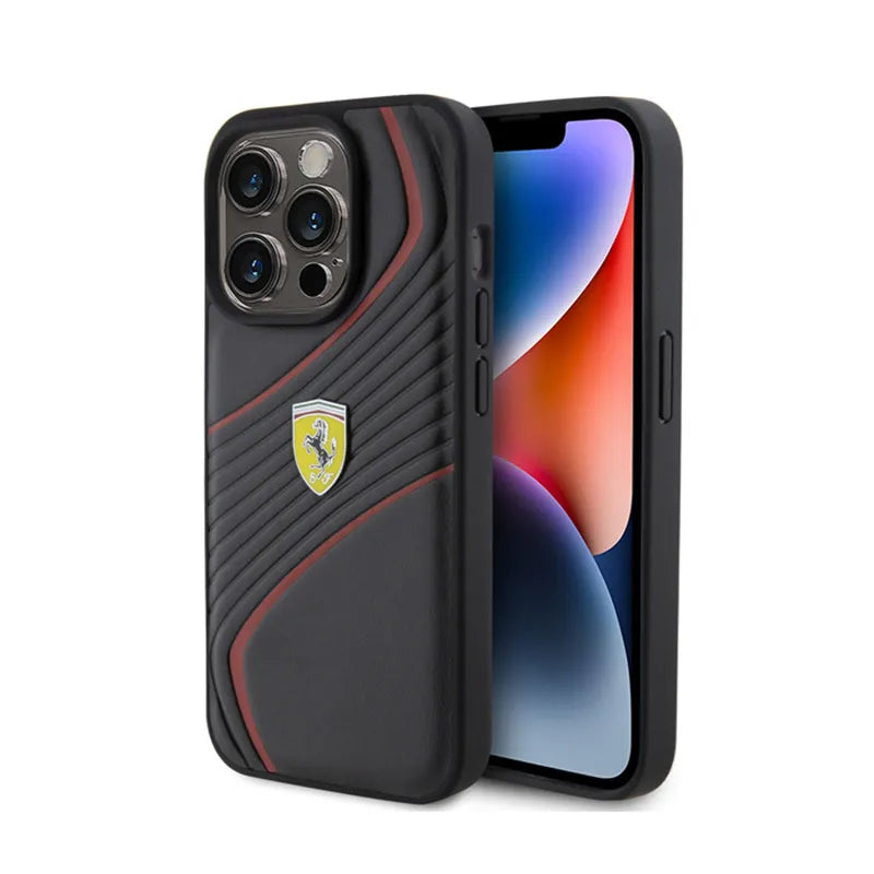 Ferrari Twist Metal Logo – dėklas, skirtas iPhone 15 Pro (juodas)