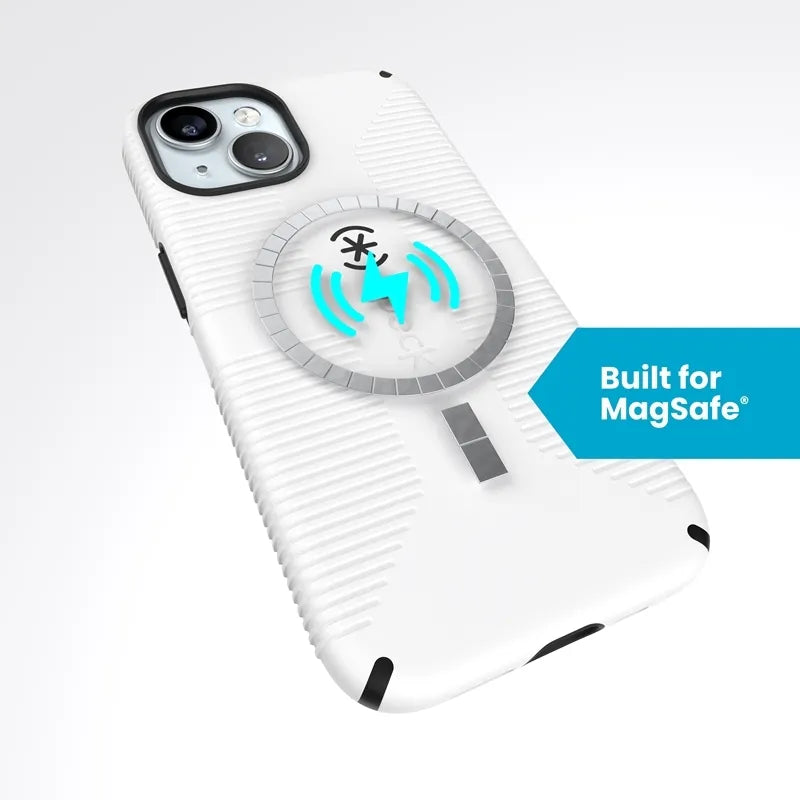 Speck Candyshell Grip MagSafe – dėklas, skirtas iPhone 17e / 16e / 15 / 14 / 13 (baltas / juodas)