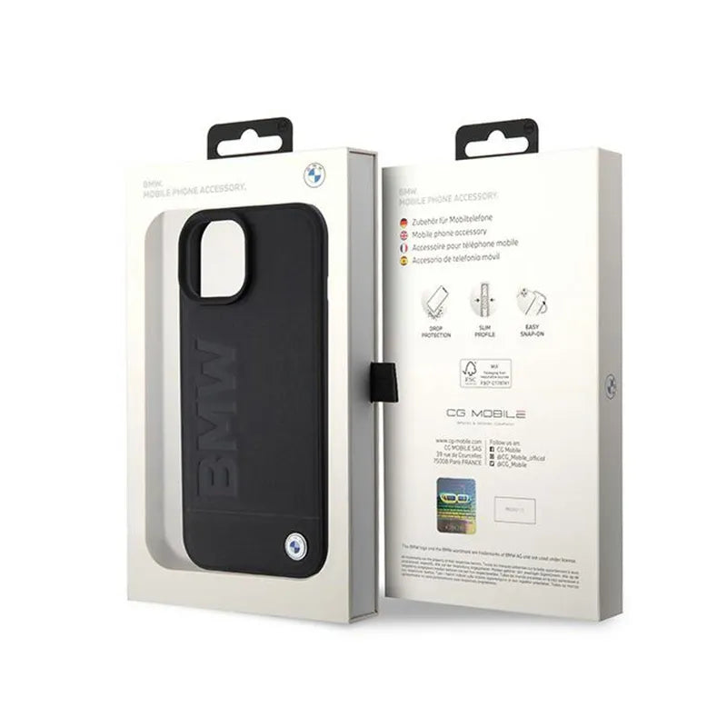 BMW Leather Hot Stamp MagSafe – dėklas iPhone 15 telefonui (juodas)