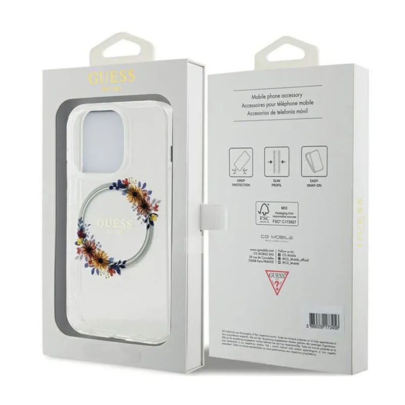 Guess IML Flowers Wreath MagSafe – dėklas iPhone 15 Pro (skaidrus)