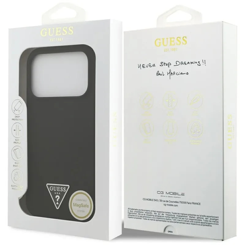 Guess Silicone Triangle Logo MagSafe – dėklas iPhone 17 Pro Max (juodas)