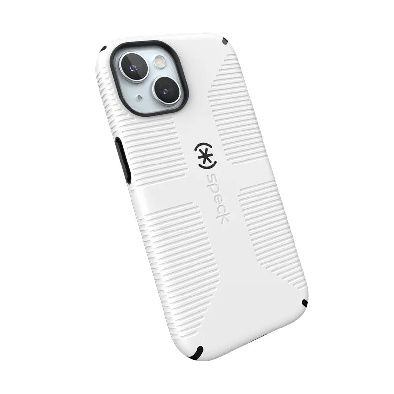 Speck Candyshell Grip MagSafe – dėklas, skirtas iPhone 17e / 16e / 15 / 14 / 13 (baltas / juodas)