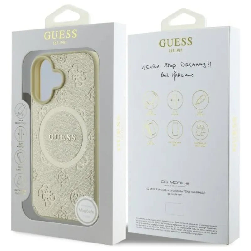 Guess Saffiano Peony Classic Logo MagSafe – dėklas iPhone 16 (auksinis)