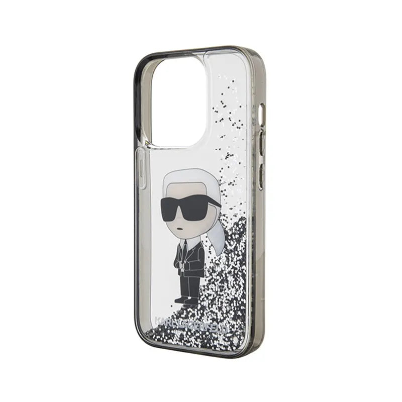 Karl Lagerfeld Liquid Glitter Ikonik – dėklas iPhone 15 Pro (skaidrus)