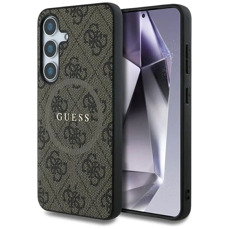 „Guess Leather 4G Colored Ring Classic Logo MagSafe“ – dėklas Samsung Galaxy S25 (ruda)