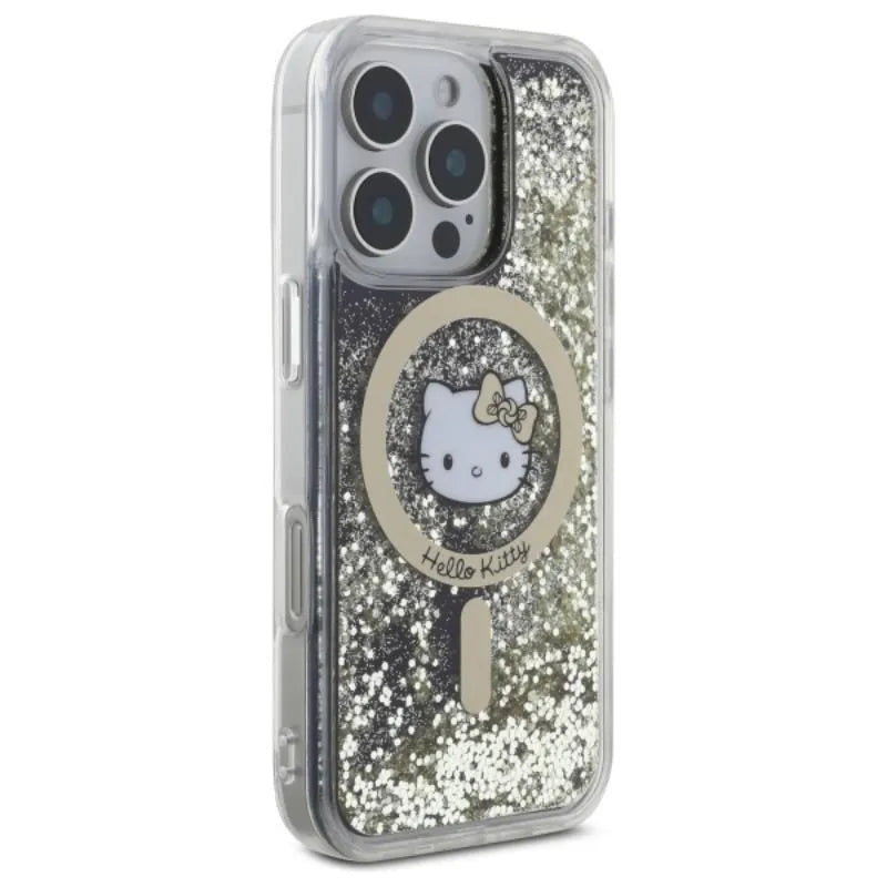 Hello Kitty Liquid Glitter Fever MagSafe - dėklas iPhone 16 Pro Max (juodas/auksinis)