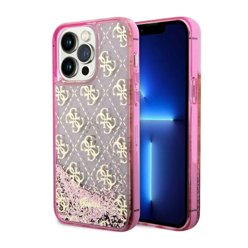Guess Liquid Glitter Transculent 4G – dėklas skirtas iPhone 14 Pro Max (rožinis)