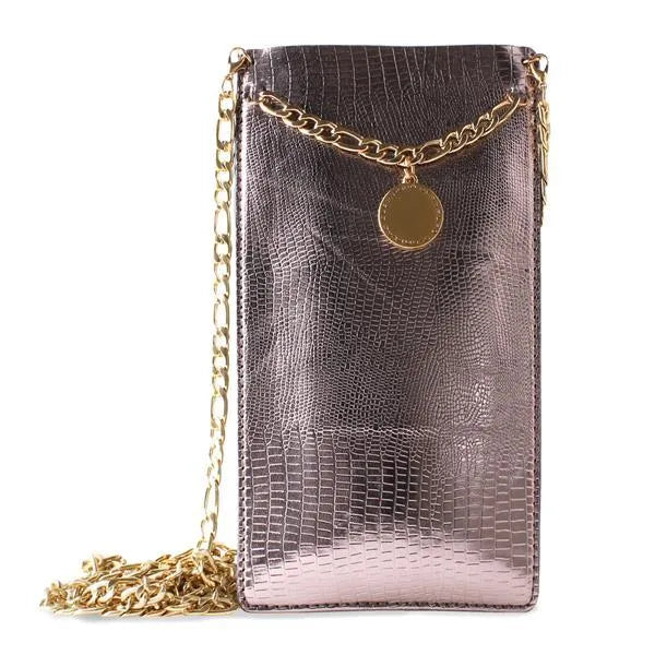 PURO GLAM Chain – universalus dėklas išmaniesiems telefonams su 2 kortelių skyreliais ir auksine grandinėle XL (rudos spalvos)