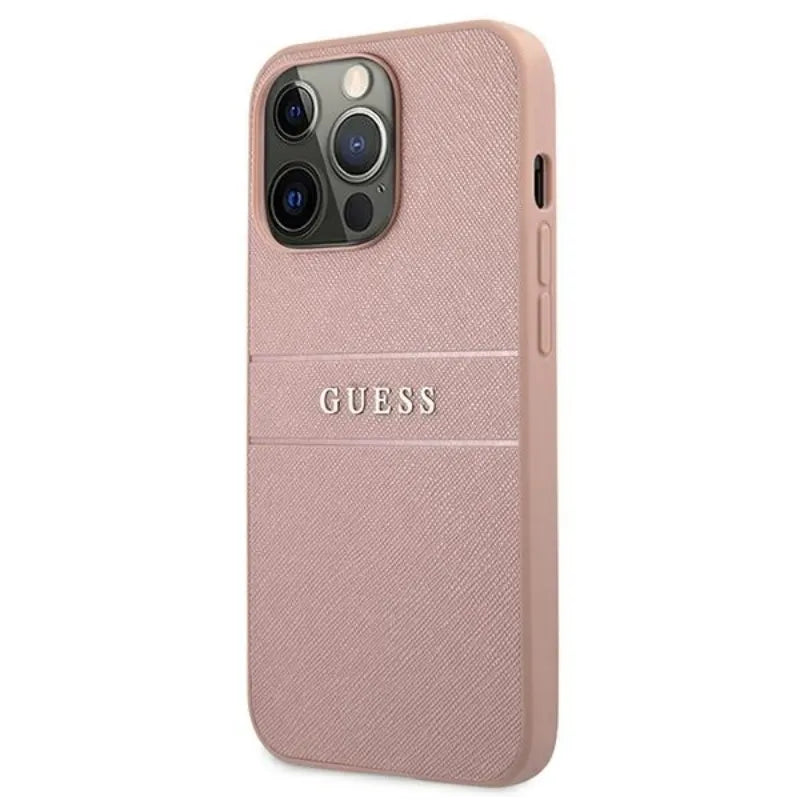 Guess Saffiano Metal Logo Stripes – dėklas iPhone 13 Pro Max telefonui (rožinis)