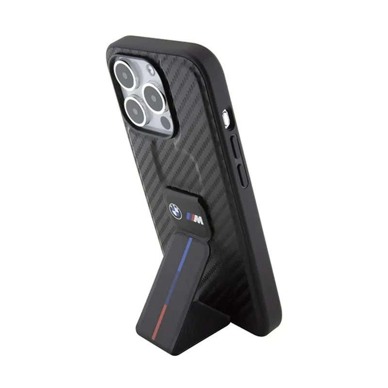 BMW Grip Stand Smooth & Carbon - dėklas iPhone 15 Pro (juodas)