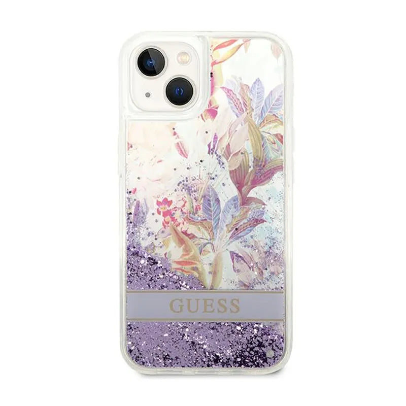 Guess Liquid Glitter Flower – dėklas iPhone 14 Plus (violetinis)