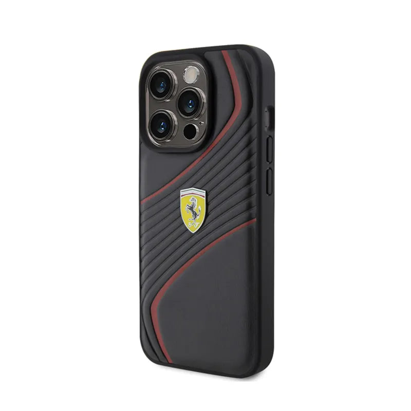 Ferrari Twist Metal Logo – dėklas, skirtas iPhone 15 Pro (juodas)