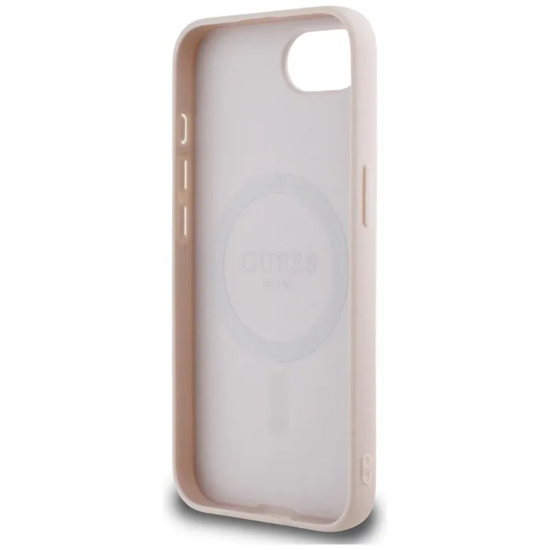 Guess Grained Ring MagSafe – dėklas iPhone 16e telefonui (rožinis)