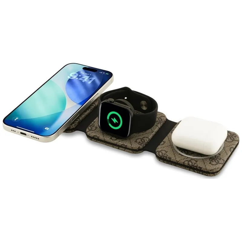 Belaidis įkroviklis Guess 4G – MagSafe 3-viename belaidis įkroviklis, skirtas iPhone, AirPods ir Apple Watch 15W (rudas)
