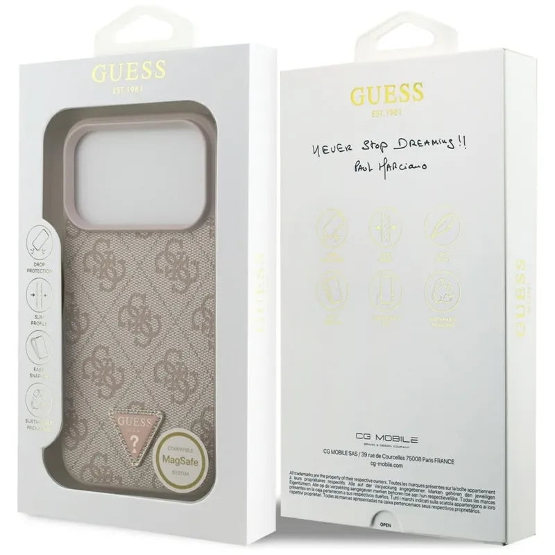 Guess Leather 4G Triangle Strass MagSafe - Dėklas iPhone 17 Pro (rožinis)