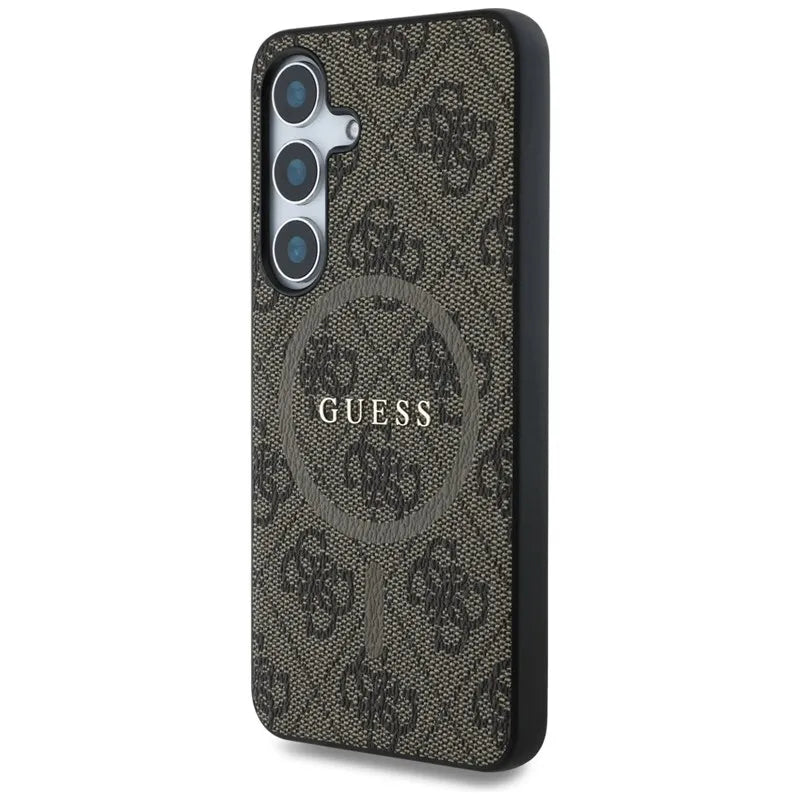 „Guess Leather 4G Colored Ring Classic Logo MagSafe“ – dėklas Samsung Galaxy S25 (ruda)