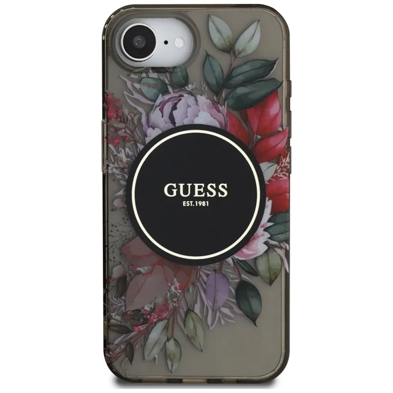 Guess IML Flowers MagSafe – dėklas iPhone 16e (juodas)