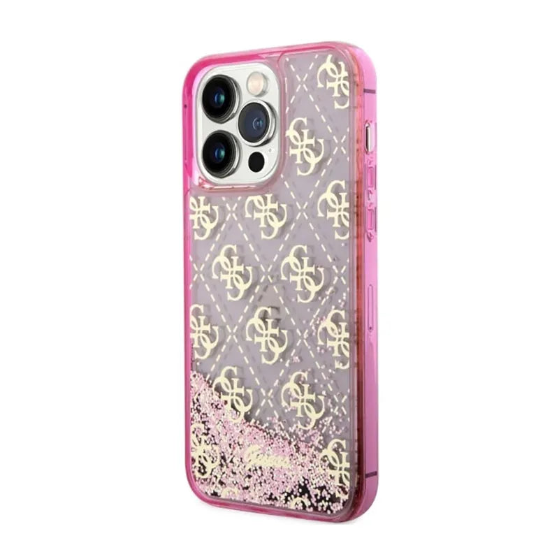 Guess Liquid Glitter Transculent 4G – dėklas skirtas iPhone 14 Pro Max (rožinis)
