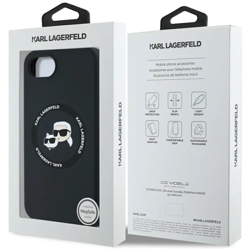 Karl Lagerfeld Silicone Karl & Choupette Heads MagSafe – dėklas iPhone 16e (juodas)